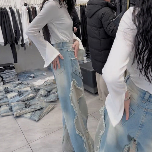 Womens American-style Wide-leg Casual Denim Jeans