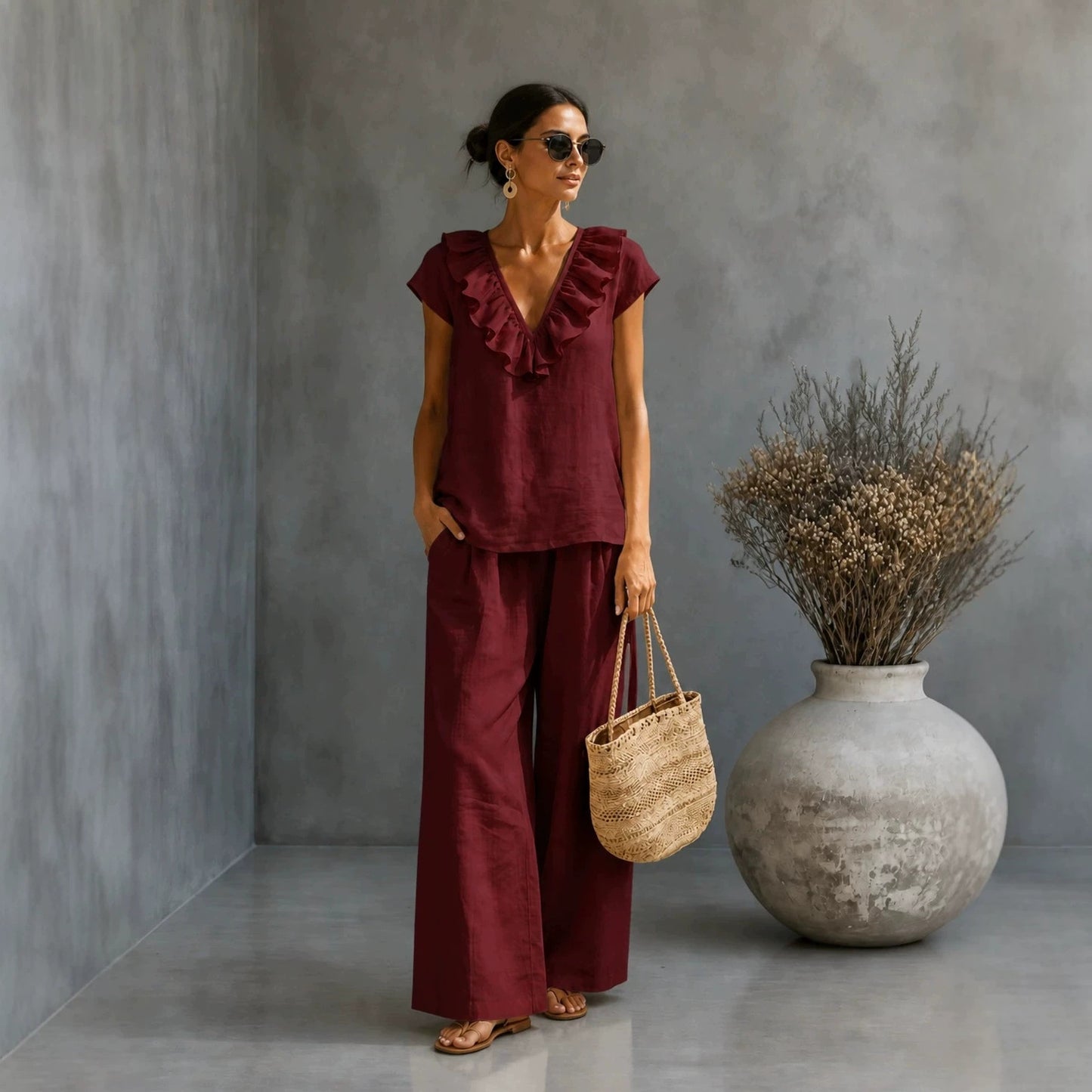 Women's V-neck Ruffled Hem Wide-leg Pants Set