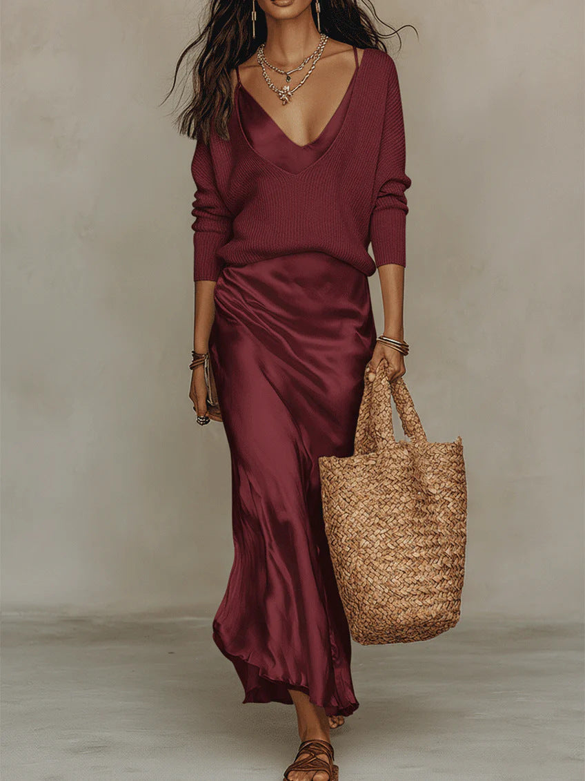 Casual Womens Knit Top and Skirt Set