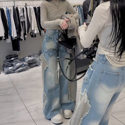 Womens American-style Wide-leg Casual Denim Jeans