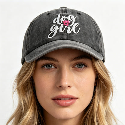 Dog Girl Embroidered Baseball Cap, Washed Cotton Vintage Hat For Dog Lovers