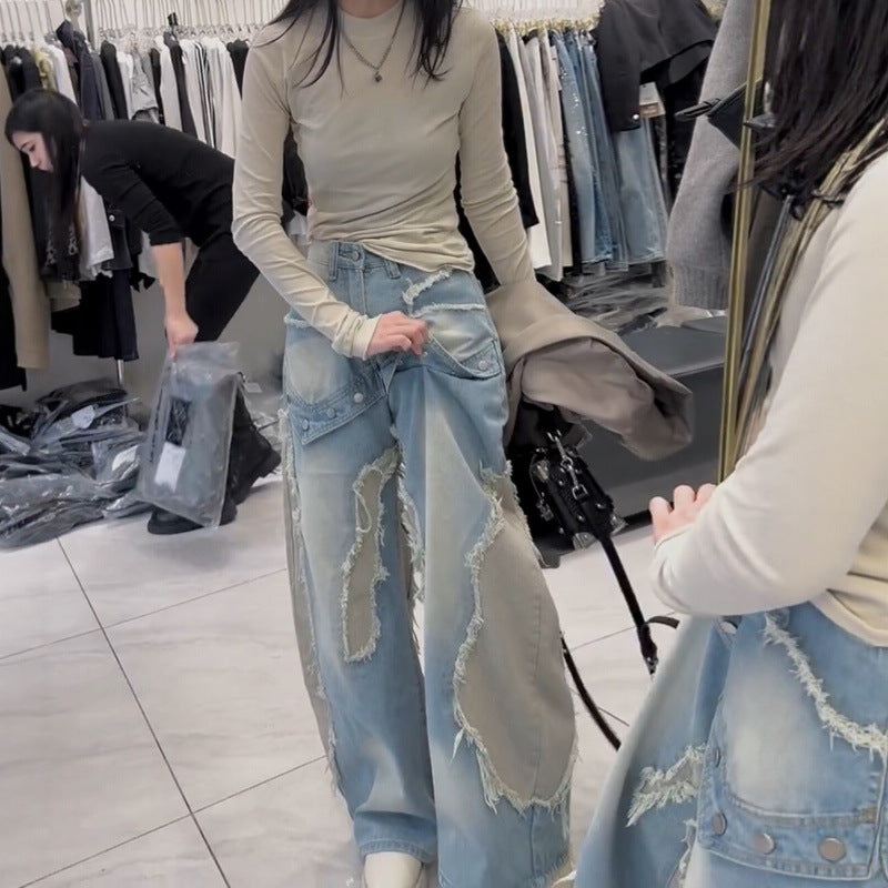 Womens American-style Wide-leg Casual Denim Jeans