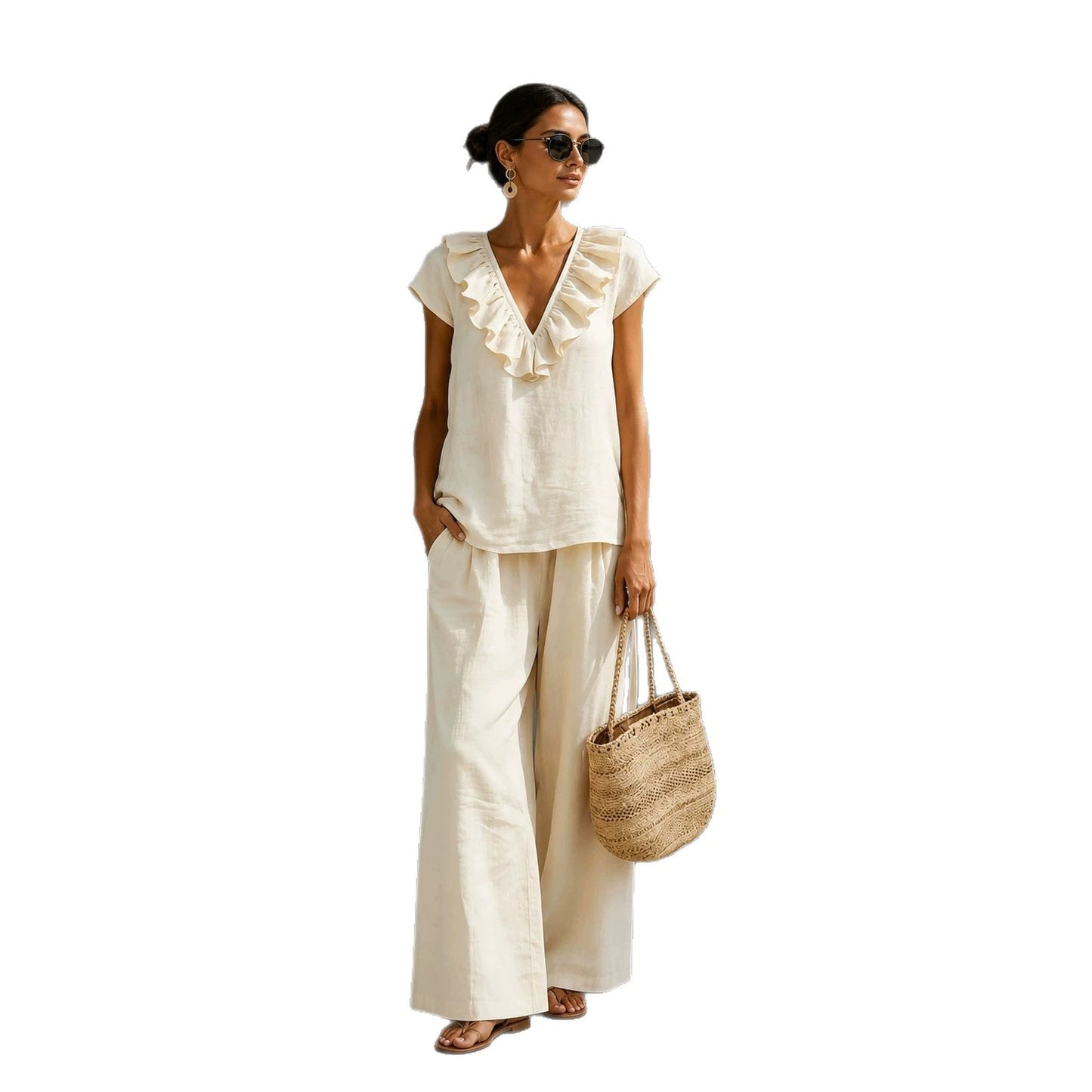 Women's V-neck Ruffled Hem Wide-leg Pants Set