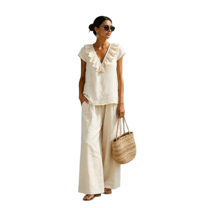 Women's V-neck Ruffled Hem Wide-leg Pants Set