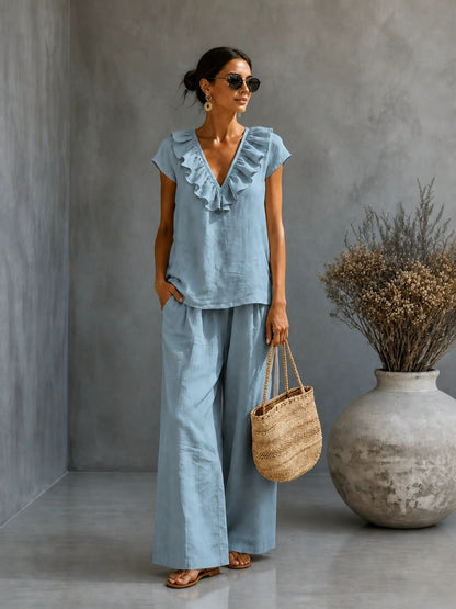 Women's V-neck Ruffled Hem Wide-leg Pants Set
