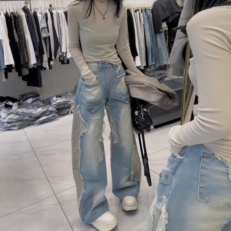 Womens American-style Wide-leg Casual Denim Jeans