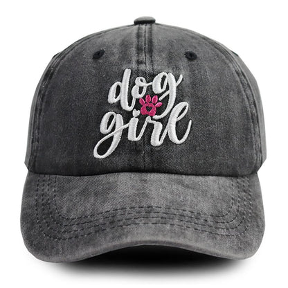 Dog Girl Embroidered Baseball Cap, Washed Cotton Vintage Hat For Dog Lovers