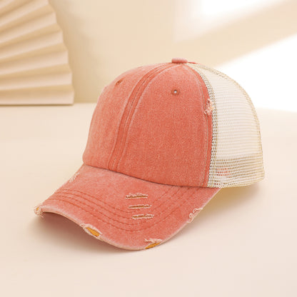 Solid-color, Frayed, Washed-out, Distressed, Mesh-patterned Cap - A Trendy, Youthful, Versatile Baseball Cap That Suits Both Daily Commuting And Outdoor Activities.