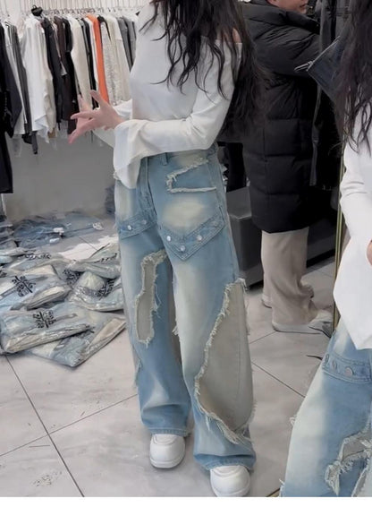 Womens American-style Wide-leg Casual Denim Jeans